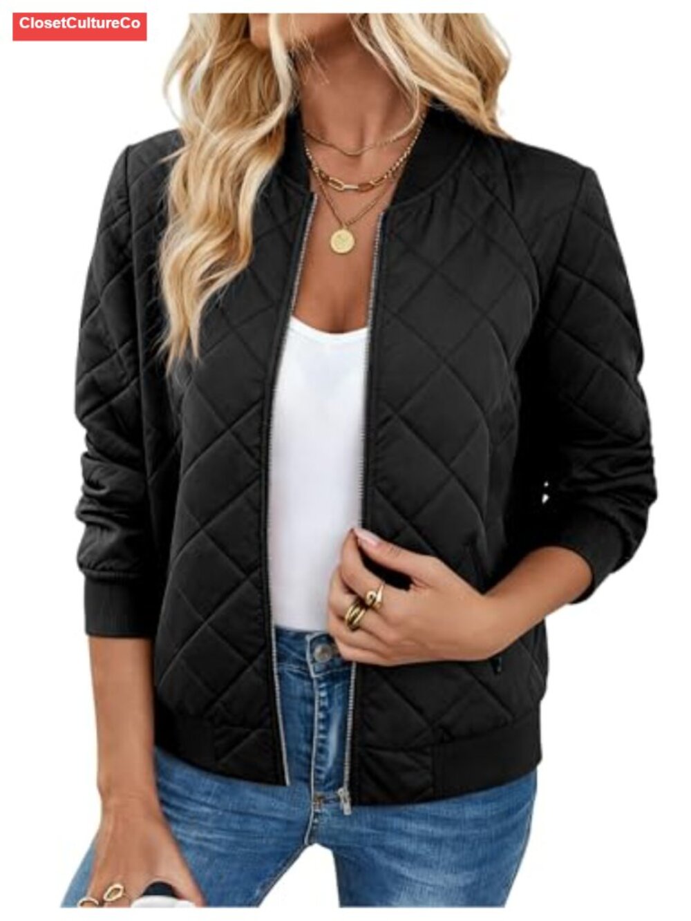 Quilted Bomber Jacket Zip Up Lightweight Coat Fall Outfit